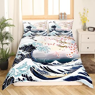 Feelyou Cherry Blossom Bedding Set Chic Crane Duvet Cover for Kids Girls Women Ocean Wave Decor Comforter Cover Pink Japanese Ukiyoe Theme Bedspread with 2 Pillowcases 3Pcs Bedding Queen