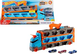 ​Hot Wheels Speedway Hauler & 3 1:64 Scale Toy Cars | Large-Scale Truck Stores 20+ Cars & Transforms into 6-Foot-Long Race Track, Connects to Other Sets & Tracks, HGH33