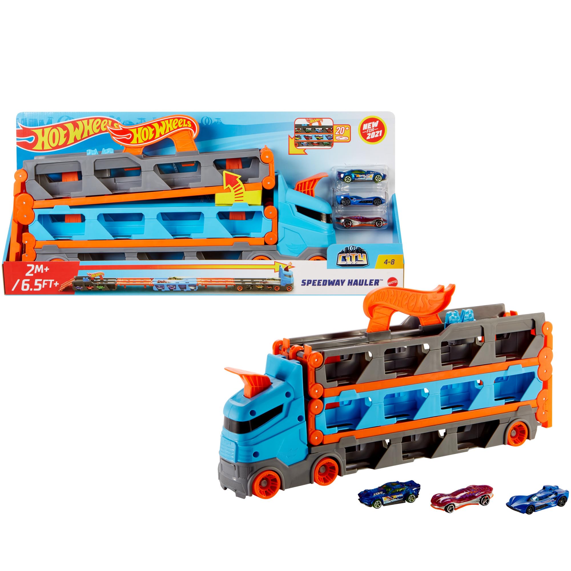 ​Hot Wheels Speedway Hauler & 3 1:64 Scale Toy Cars | Large-Scale Truck Stores 2