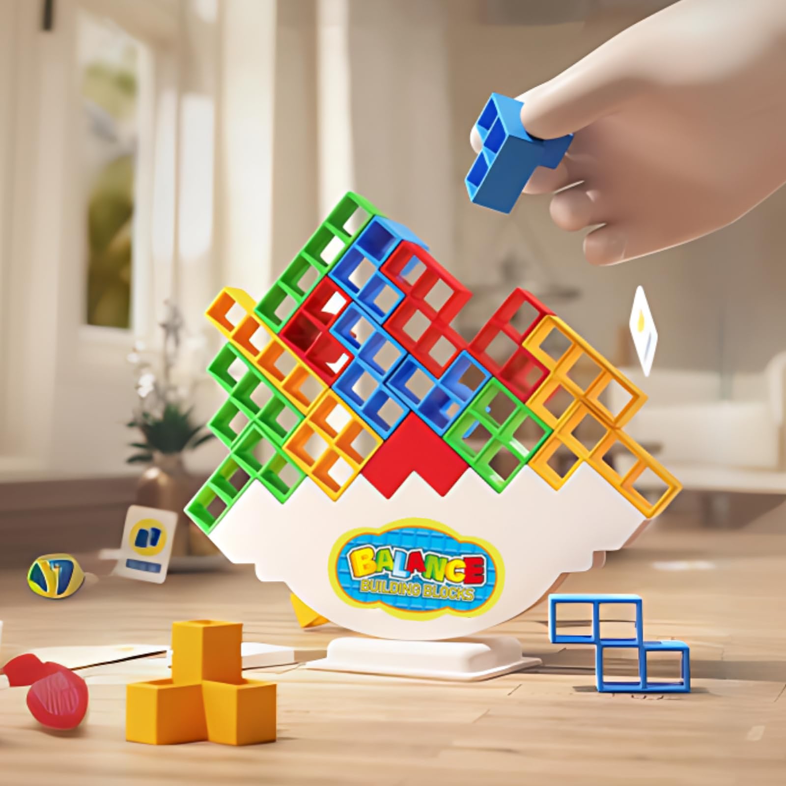 48 Pcs Tower Stack Balance Games, Color Building Blocks with Wobble Base, Eco-Fr