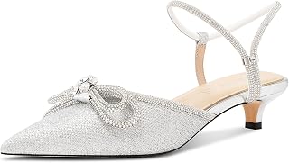 Aachcol Women Rhinestone Bow Low Heel Pumps Pointed Toe Low Heel Adjustable Ankle Strap Bridal Prom Wedding