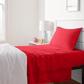 Amazon Basics Kid's Soft, Breathable, Machine Washable Microfiber 3-Piece Sheet Set with Pillowcase, Twin, Red, Solid