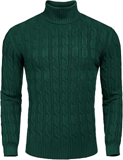 COOFANDY Suéter de cuello alto ajustado para hombre, suéter de punto trenzado casual, Verde, XX-Large