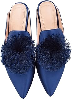 Fericzot Slip On Mules Backless Flat Shoes Puff Pompom Pointed Toe Casual Shoes Slippers