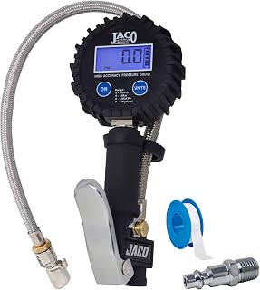 JACO FlowPro Digital Tire Inflator with Pressure Gauge - 200 PSI | Calibrated Accurate, Quick-Connect Locking Air Chuck, LCD Display, Stainless Steel Hose &amp; 1/4" NPT Compressor Fitting