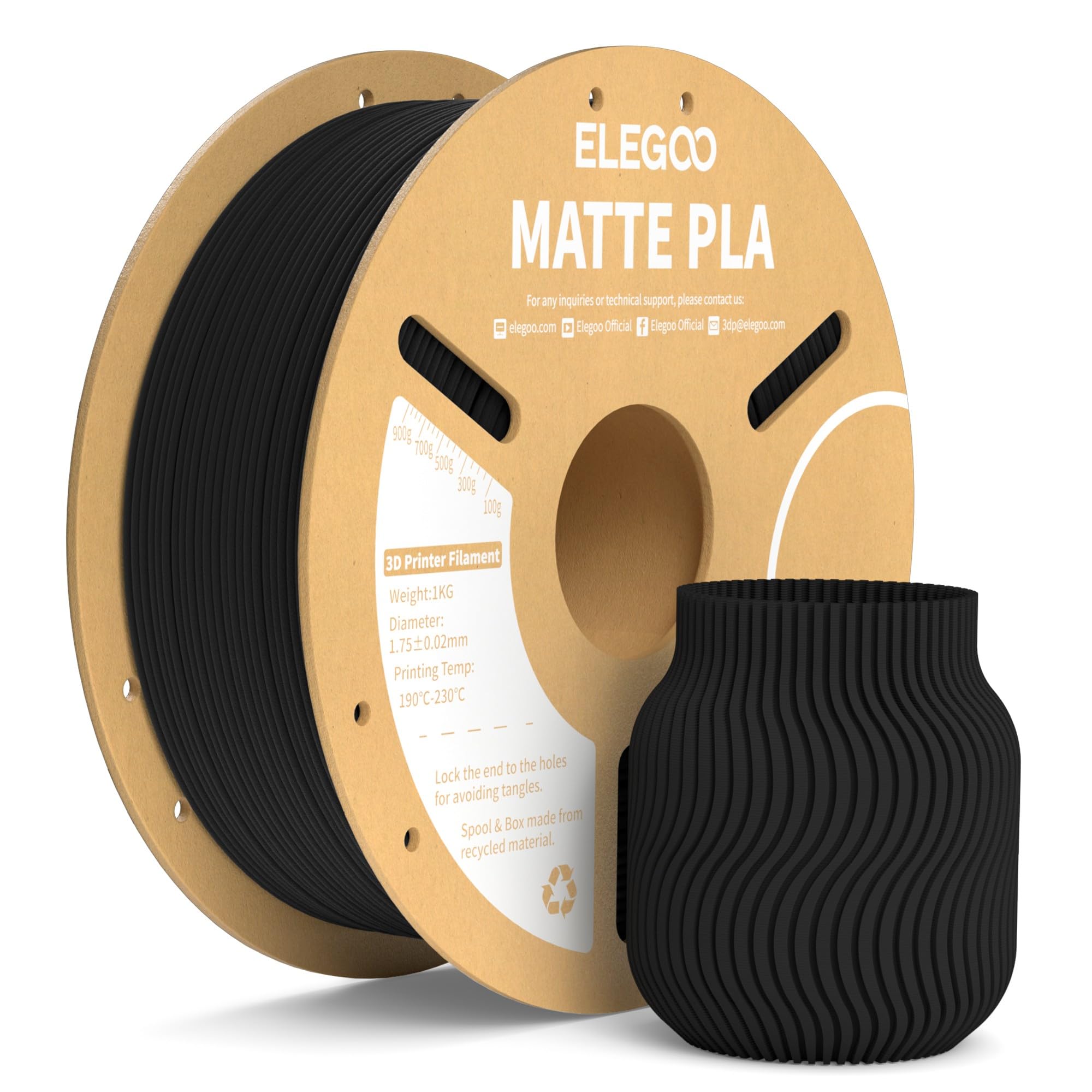 ELEGOO Matte PLA Filament 1.75 1kg Black | Dimensional Accuracy +/- 0.03mm, 3D F