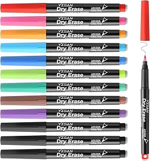 YISAN Magnetic Whiteboard Pens Ultra Fine Tip,0.7 mm Dry Wipe Pen | Whiteboard Marker Extra Fine with Erasers, 12 Colours with Low Odour,70566