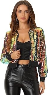 Women Sequin Bomber Jacket Halloween Sparkly Long Sleeve Zip Front Shiny Cropped Jacket Glitter Party Disco Costume