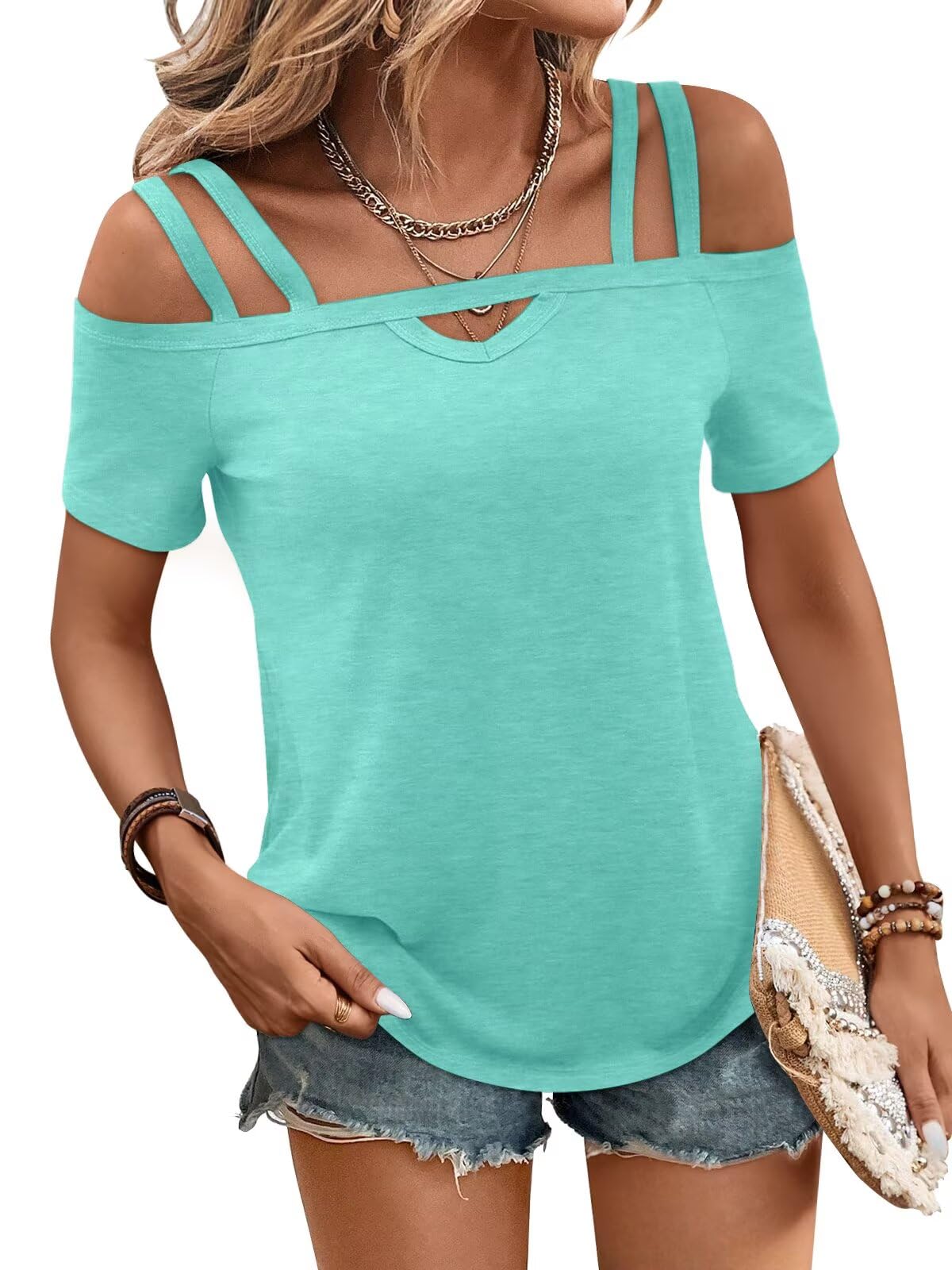 Bliwov Womens Cold Shoulder Tops Cute Sexy Short Sleeve Summer T Shirts
