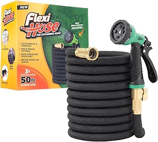 Flexi Hose 50FT Expandable Garden Hose Solid Brass Fittings, Blue/Black | 8 Function Spray Nozzle Included, Lightweight Flexible Water Hose with No-Kink Design and Durable Double Latex Core