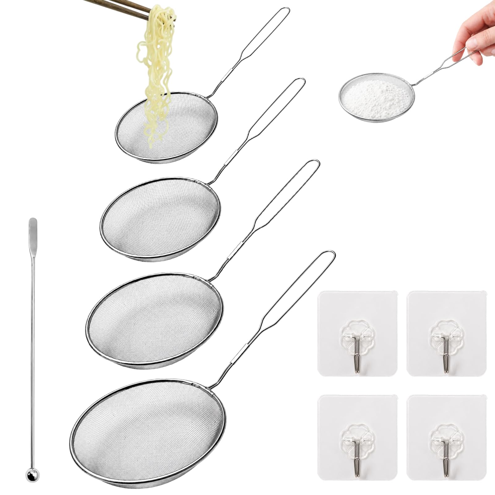 Sieve Set, Kitchen Sieve 9-Piece with Hooks and Stirrers, Flour Sieve and Fine S