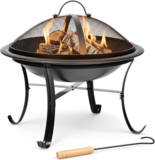 Gas One 22 in Outdoor– Wood Burning Fire Pit with Mesh Lid and Fire Picker – Durable Alloy Steel Fire Pits for Outside – Small Fire Pit for Backyard, Porch, Deck, Camping, BBQ