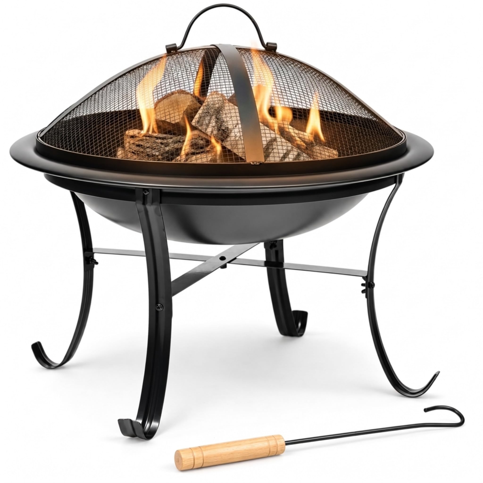 Gas One 22 in Outdoor– Wood Burning Fire Pit with Mesh Lid and Fire Picker – Dur