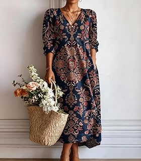 Women's Vintage Ethnic Print V Neck 3/4 Sleeve Maxi Dress Casual Beach Dress with Pockets