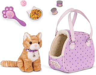 Our Generation Hop in Cat Carrier, Pet Care Playset for Doll Play, Plush | 8-piece set with 6-inch cat plush, collar, brush, ball, 2 food cans, bowl, faux-fur lining, lilac polka dots, Pet, 3+ Years