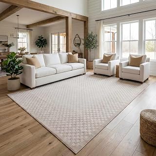BoutiqueRugs Washable Beige Checkered 9x12 Large Area Rug Contemporary Off White Cream Gaiwan Great Room Open Concept Master Bedroom Large Dining Room 9'2" x 12' Easy Clean Stain Resistant