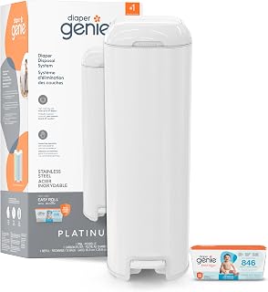 Diaper Genie Platinum Pail with Easy Roll Refill 18 bags, Stainless Steel | Hands-free odour-locking diaper pail (white) includes Easy Roll tear-off bags holding up to 846 newborn diapers.