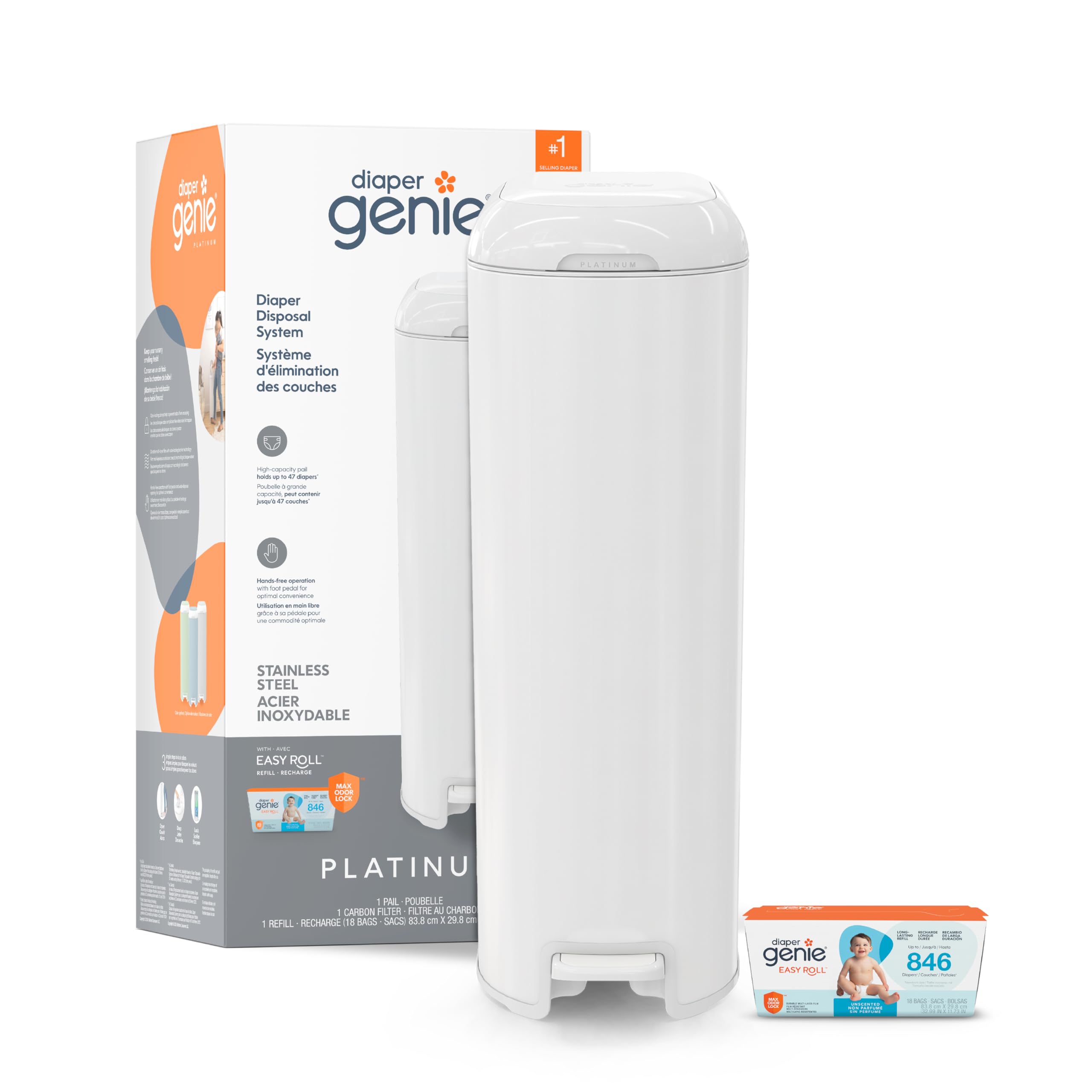 Diaper Genie Platinum Pail with Easy Roll Refill 18 bags, Stainless Steel | Hand