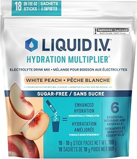 Liquid IV Sugar-Free Electrolyte Drink Mix for enhanced hydration, White Peach with Vitamins B3, B5, B12 and C 60g (18 sticks)