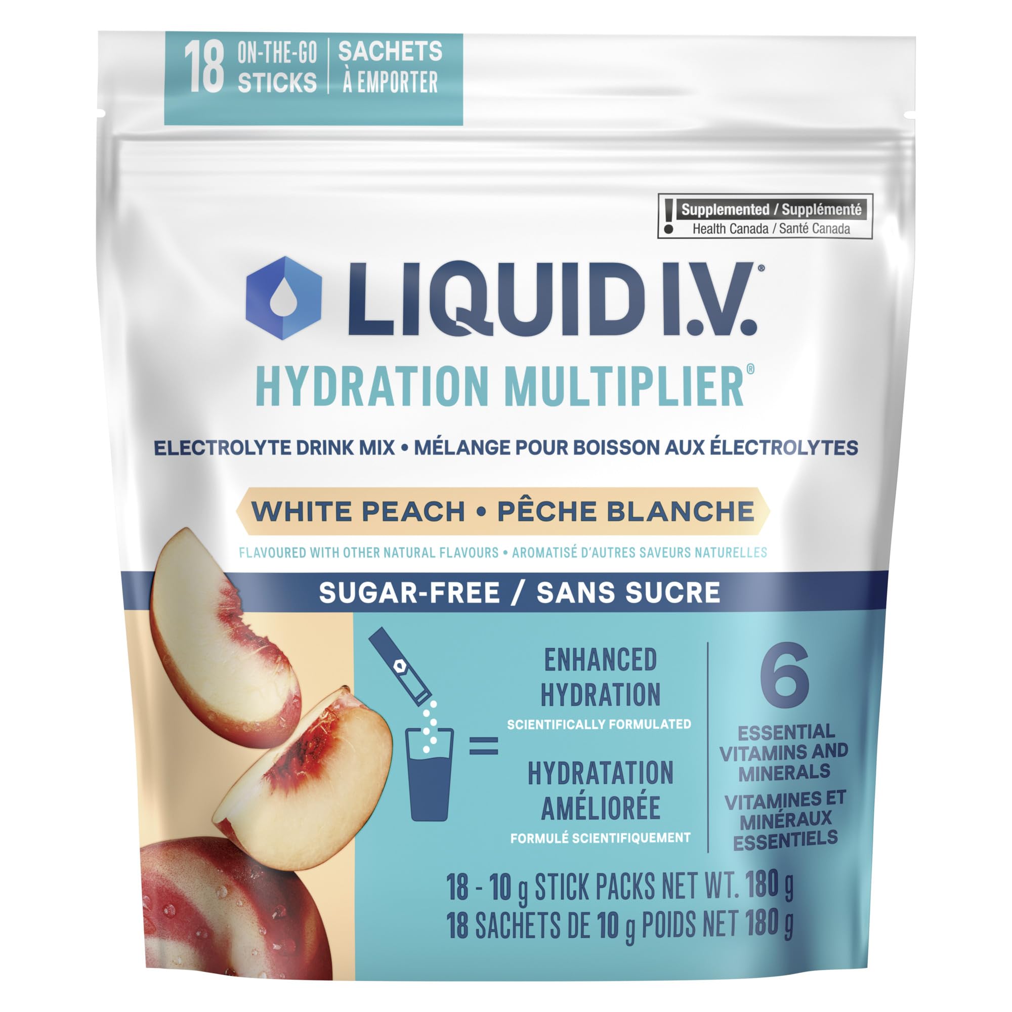 Liquid IV Sugar-Free Electrolyte Drink Mix for enhanced hydration, White Peach w