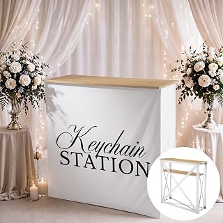 Marsui 3.5 x 1.3 x 3.3 ft Folding Photo Booth Keychain Station Table | Tension Fabric Cover, Portable Wooden Top Display Pop up, Counter Stand for Photo Booth Weddings Parties Vendor Events