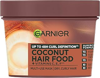 Garnier Hair Food Multi-use, 3-in-1 Hair Treatment Mask, Coconut, 400ml | Up to 48H Anti- Frizz, 97% Natural Origin Ingredients, No Silicone for a natural feel, Vegan Formula