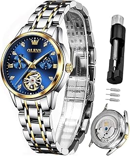 OLEVS Montre automatique de luxe pour femme en acier inoxydable doré et argenté avec volant d'inertie mécanique Phase de lune Cadran bleu et blanc étanche, Cadran bleu, Mécanique, remontage