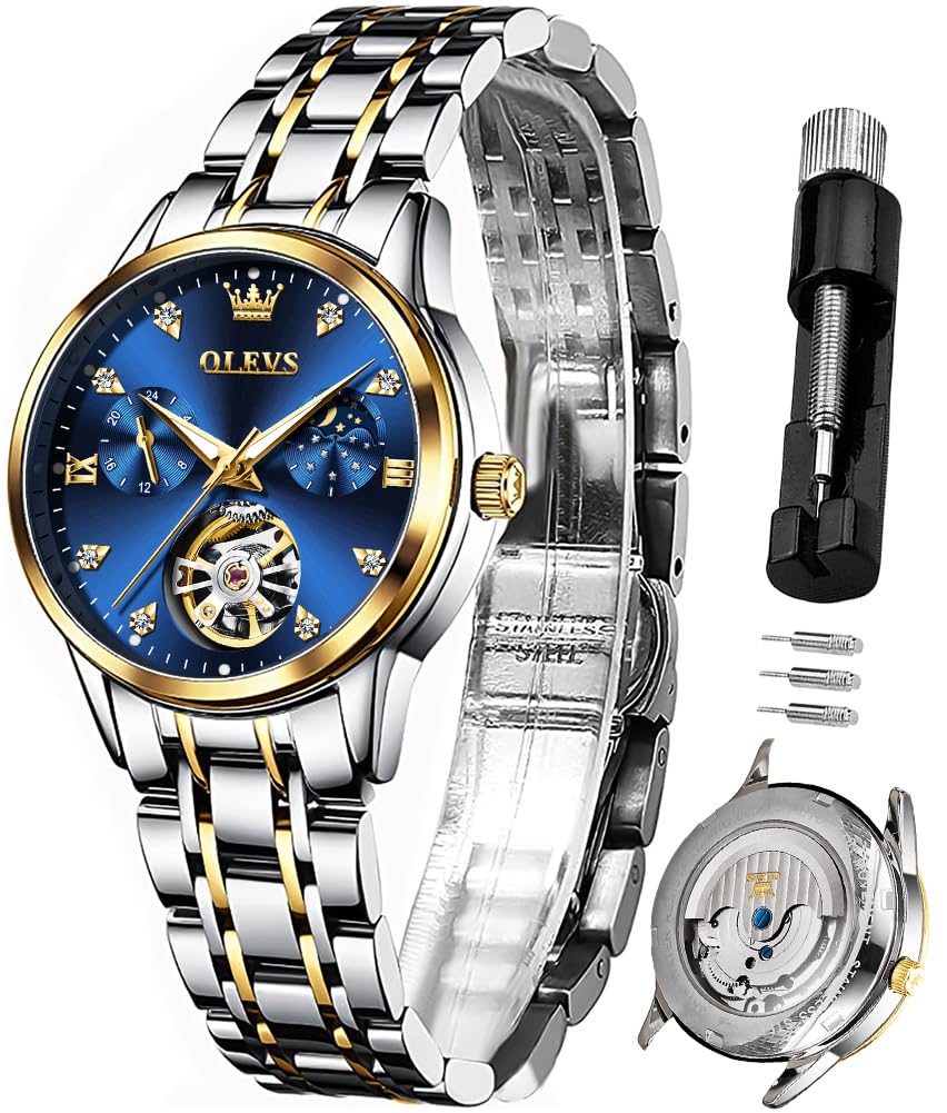 OLEVS Montre automatique de luxe pour femme en acier inoxydable doré et argenté 
