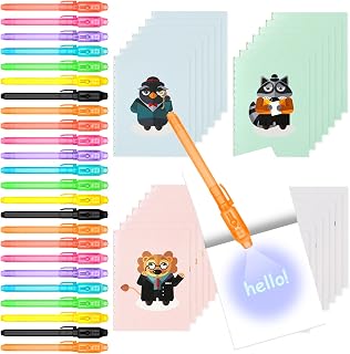 OFFCUP Invisible Ink Pen, 32pcs Spy Pen Magic Marker Pens with UV Light and Pouch - Detective Theme for Kids, Spy Pens Invisible Ink for Writing Secret Message Party Bag Fillers, UV Spy Pen with Book