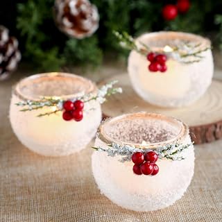 Funnymoom 6 Pcs Christmas Votive Candle Xmas Glass Tealight Centerpiece | Holiday Votive Candle Holders, Snowy and Red Berry Pine Leaves Xmas Centerpiece, Home Table Fireplace Indoor Decorations