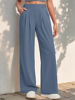 Wide Leg Pants Women High Waist Pants Waffle Knit Palazzo Pants Loose Fit Long Business Casual Pants with Pockets