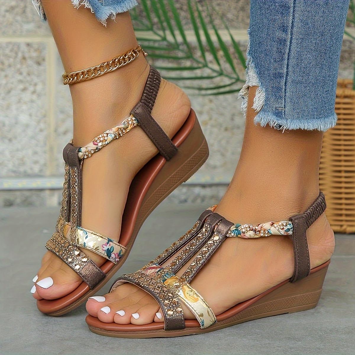 Rhinestone Wedge Sandals for Women Casual Shoes Summer Elastic