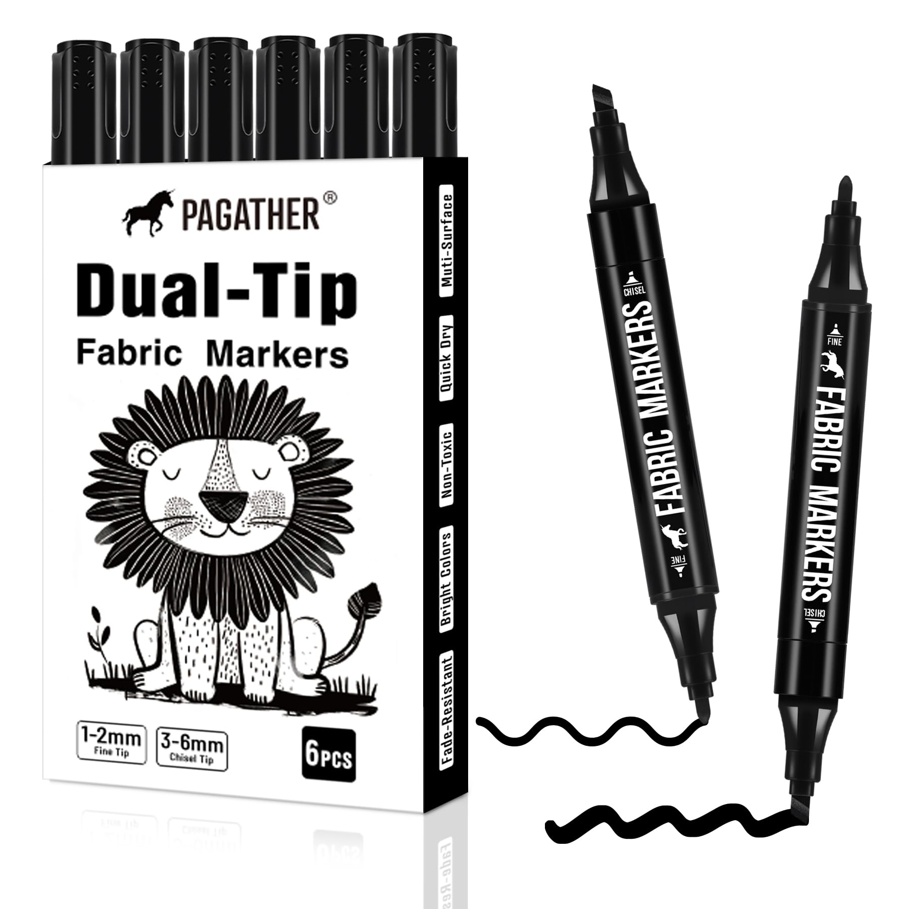 Pagather Fabric Markers, 6 Pack Black Dual Tip Pens for Clothes | For T-Shirts, 