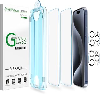 amFilm Easier Installation OneTouch for iPhone 15 Pro Max [6.7 inch] Tempered Glass Screen Protector + Camera Lens Protector Film, Alignment Technology