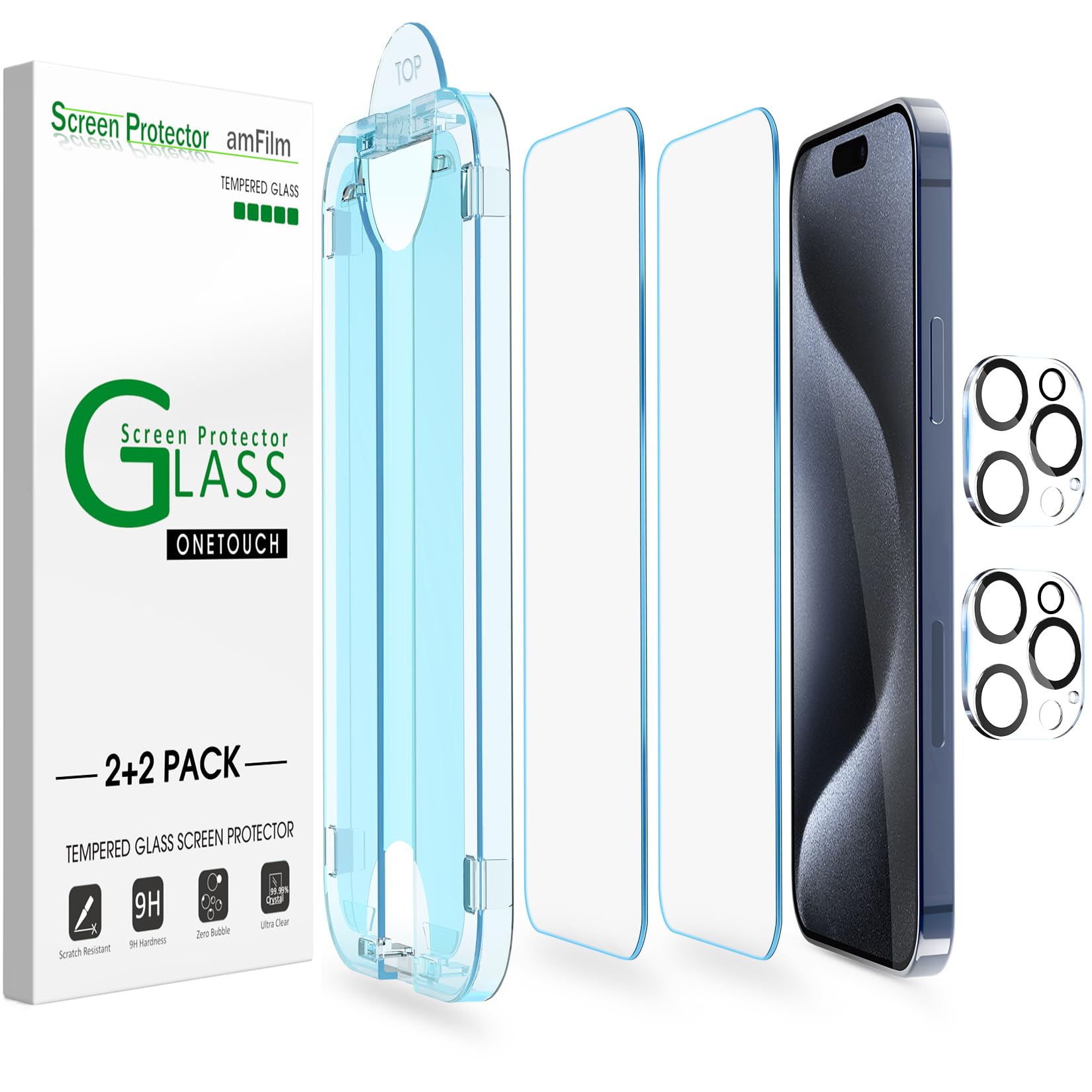 amFilm Easier Installation OneTouch for iPhone 15 Pro Max [6.7 inch] Tempered Gl