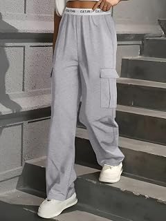 Women's Wide Leg Cargo Sweatpants High Waist Contrast Letter Knit Pants