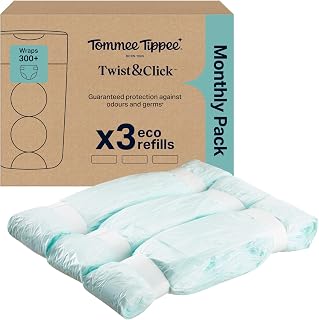 Tommee Tippee Twist & Click Nappy Bin Refill Cassettes Pack of 3 | 10.5m each, Fits All Twist & Click Nappy Bins, Multilayer Antibacterial Film