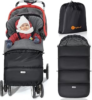IvyWind Footmuff for Pushchair Universal, Drawstring Design, Black n Grey | Winter Pram Footmuff Bunting Bag for Pram with Zip, Easy Access, Detachable for Easy Care, Water Repellent, 95*50cm, 6-24m