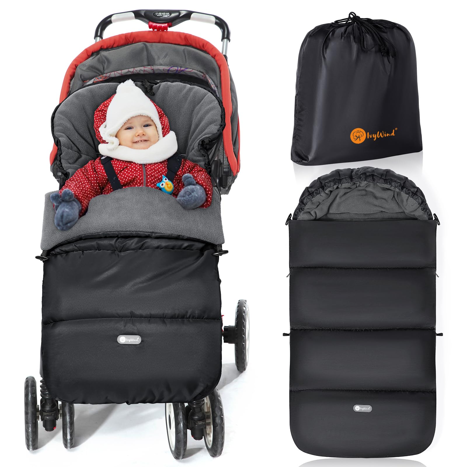 IvyWind Footmuff for Pushchair Universal, Drawstring Design, Black n Grey | Wint