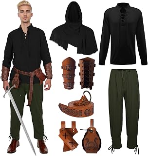 Mens Medieval Renaissance Costume Viking Costume Lace Up Shirt Trousers for Men with Accessories Halloween Cosplay Costume Mask Wizard