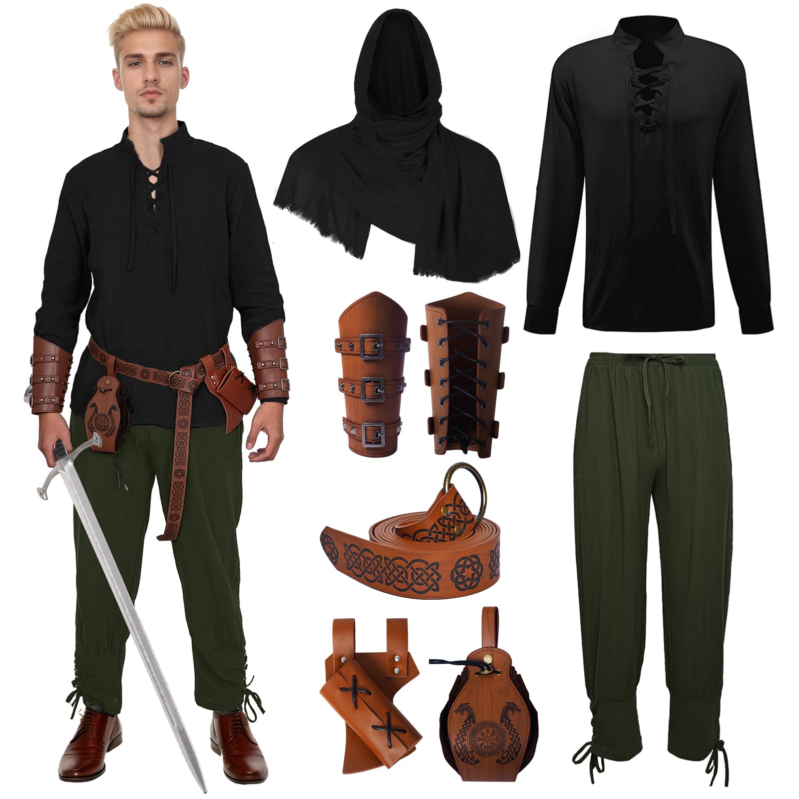 Mens Medieval Renaissance Costume Viking Costume Lace Up Shirt Trousers for Men 