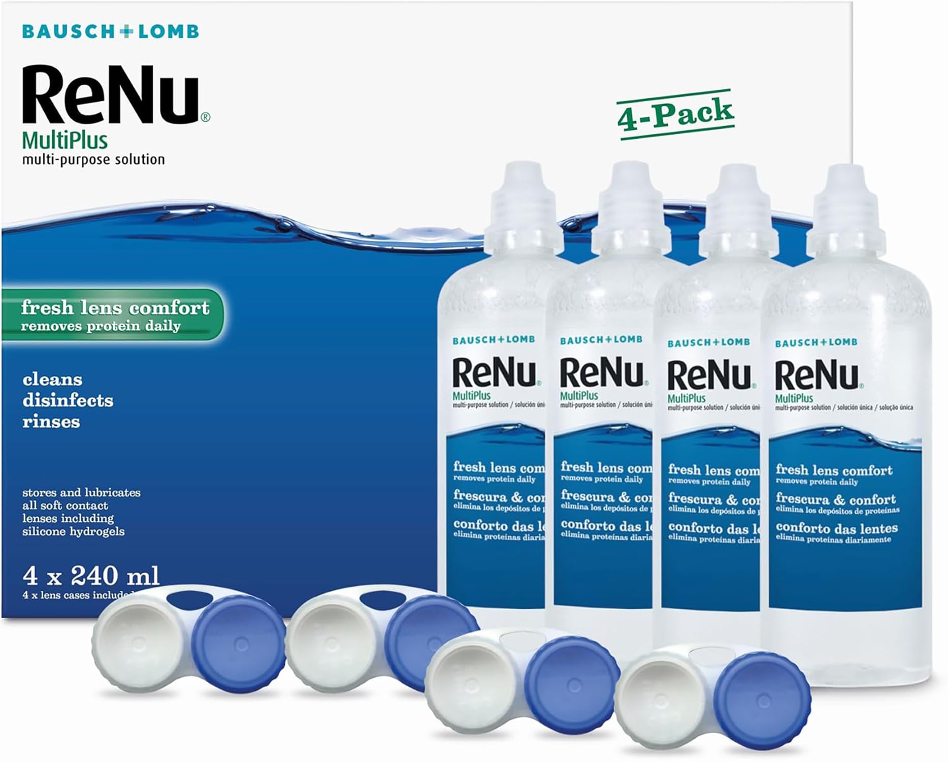 ReNu MultiPlus Multi-Purpose Contact Lens Solution, 4 x 240 ml | Bausch + Lomb, 