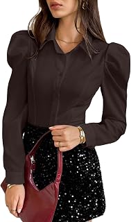 Floerns Women's Elegant Puff Long Sleeve Collared Shirts Dressy Blouse Top
