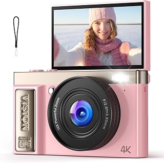 4K Digital Camera Pink for Girls Teens: 64MP Vlogging Camera with Flip Screen - 16X Zoom - Cute Compact Cam for Photography and YouTube – Aesthetic Point and Shoot Gift for Ages 8-18
