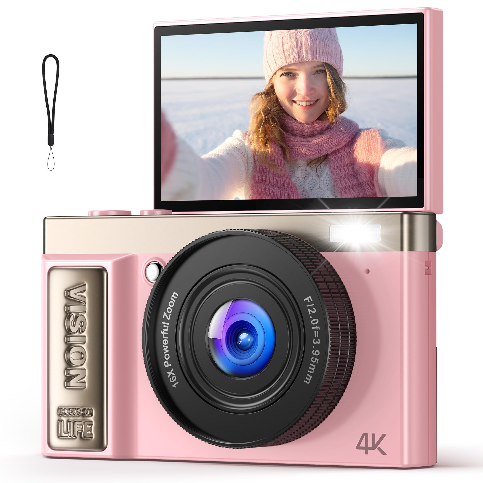 4K Digital Camera Pink for Girls Teens: 64MP Vlogging Camera with Flip Screen - 
