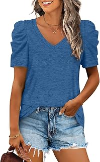 LCXWFE Womens Summer Casual Puff Sleeve V Neck T Shirts