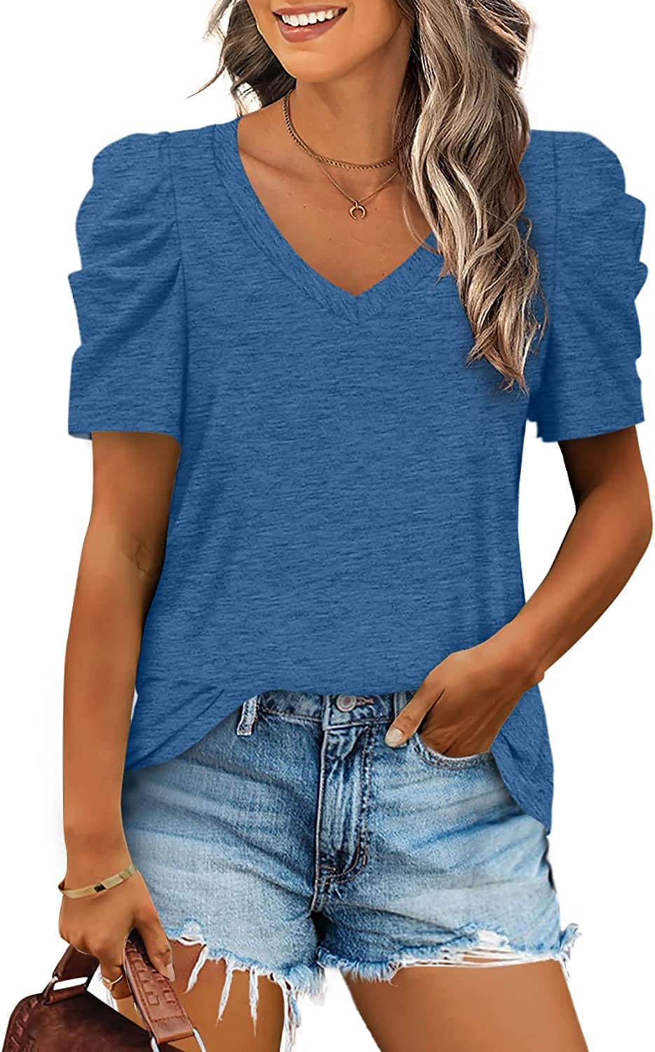 LCXWFE Womens Summer Casual Puff Sleeve V Neck T Shirts