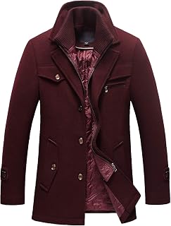 chouyatou Men's Gentle Layered Collar Single Breasted Quilted Lined Wool Blend Pea Coats