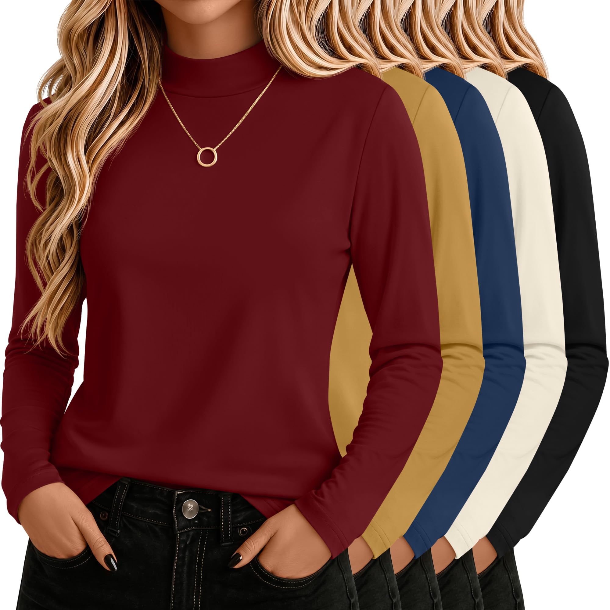 5 Pack Mock Turtleneck Cotton Shirts for Women