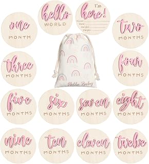Burbell Baby Monthly Milestone Announcement Signs Wood,Pink,Letter | 7 Pack, 3D Double Sided Hello World Newborn Card Signs, Wooden Circles Discs, for Welcome Newborn Shower Boy Girl Photo Props